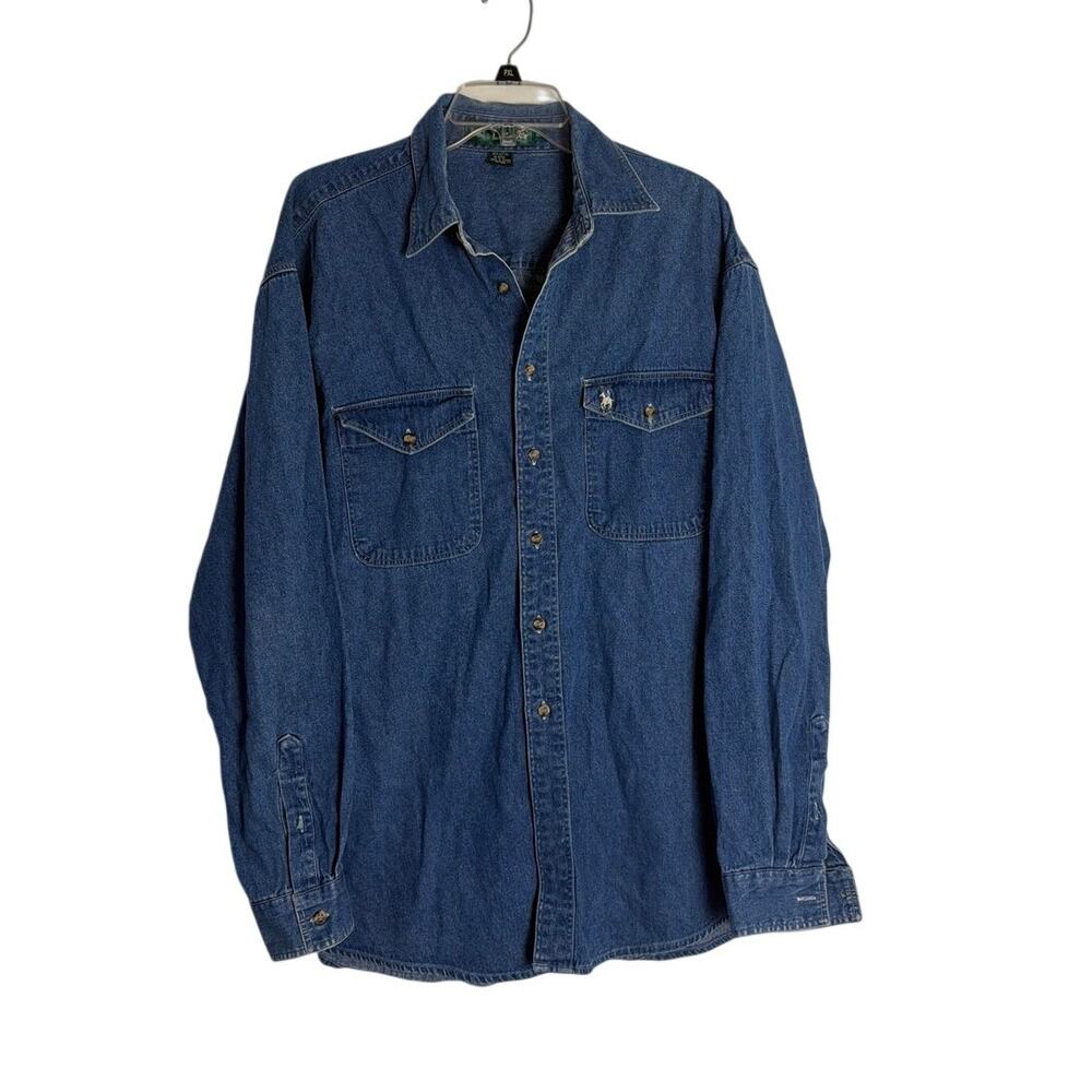 Knights of the Round Table Men XL Denim Button Down Shirt Blue Long Sleeve